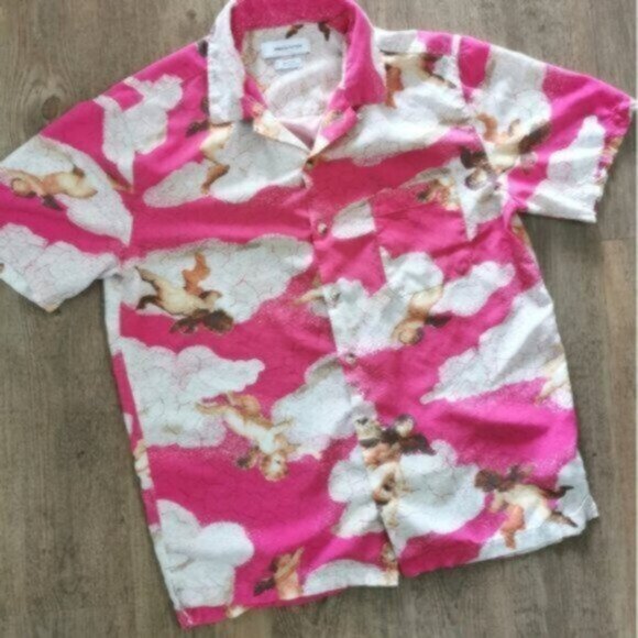Urban Outfitters hot pink cherub short sleeve button down shirt - Picture 2 of 7